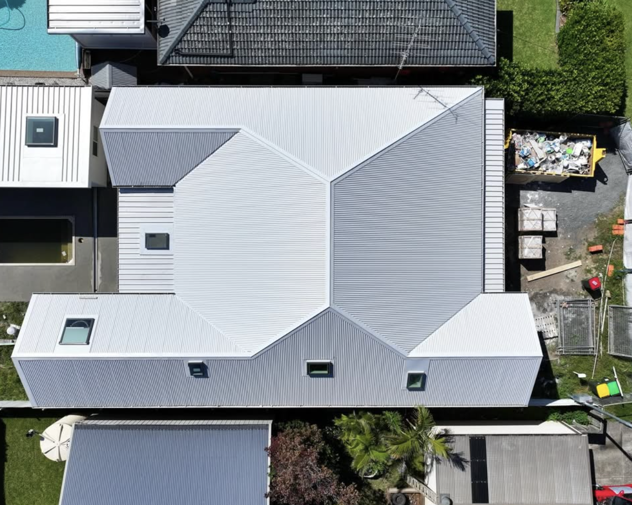 Aerial view of completed roofing project