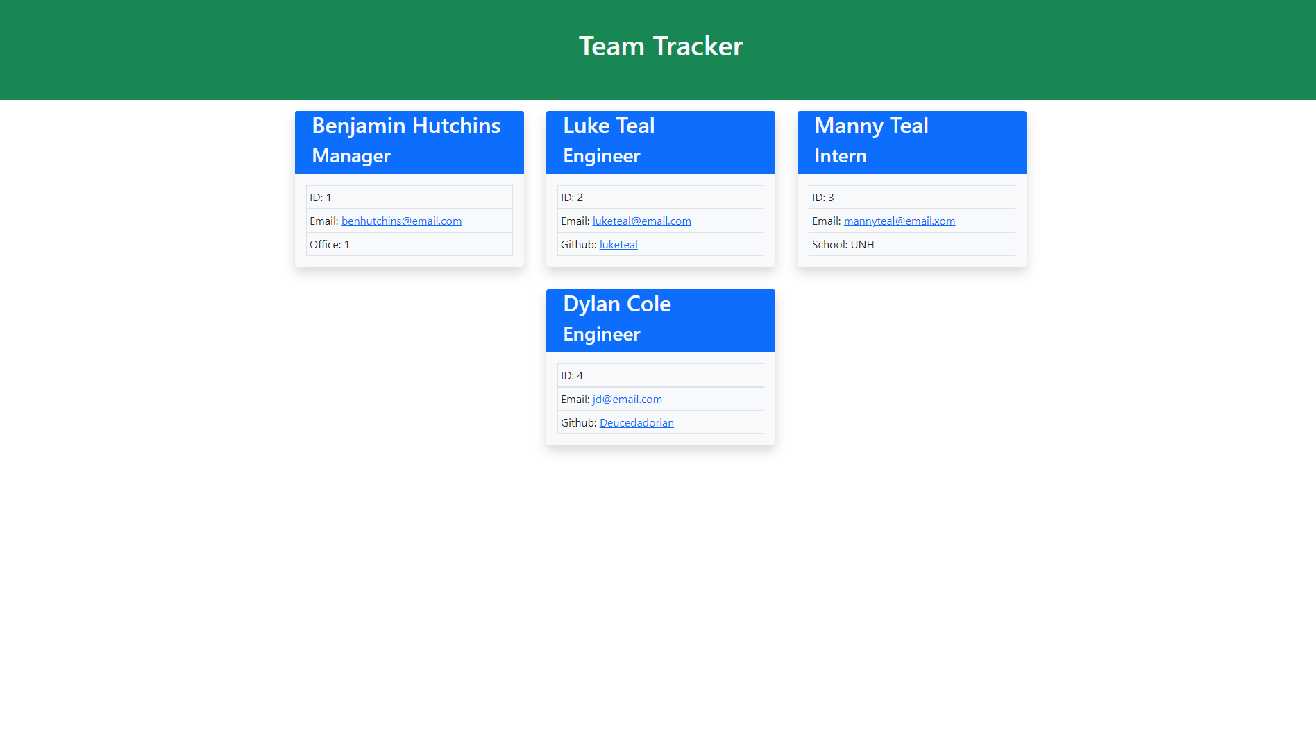 An image of a website created with the TeamTracker app with a header and cards with information for the team's Manager, Engineers, and interns.