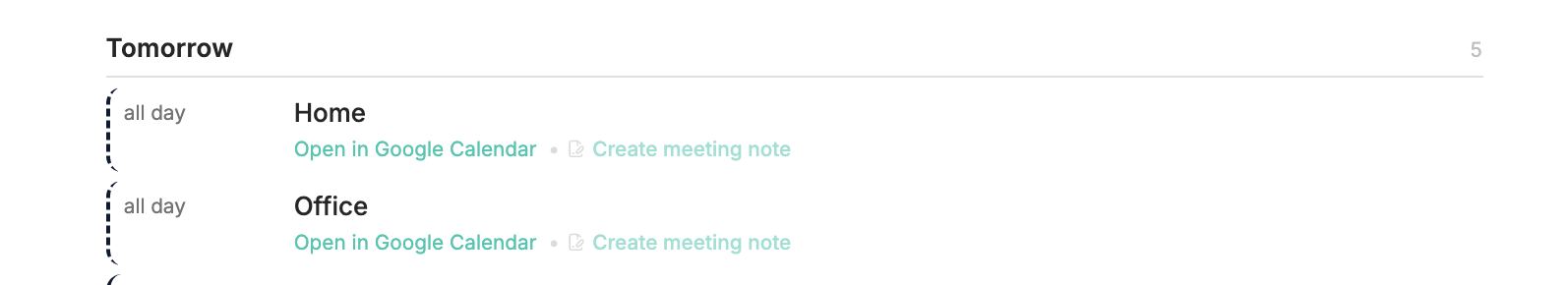 An agenda block rendered in Obsidian: a "Tomorrow" heading with two all-day events, Home and Office, each showing links to open the event in Google Calendar and to create a meeting note