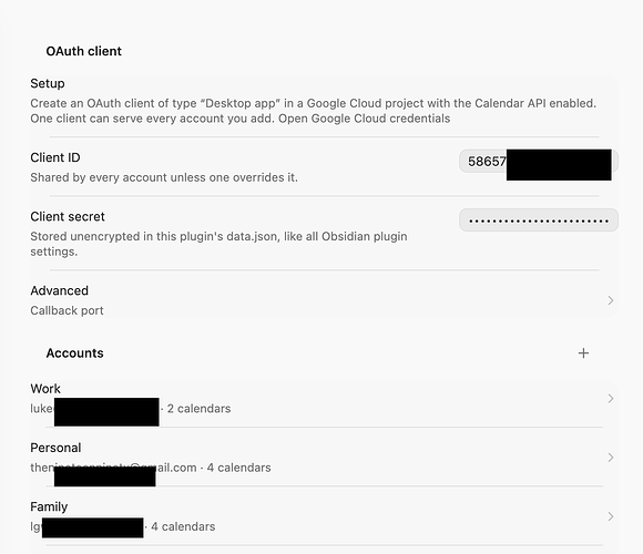 The plugin's settings tab, showing the OAuth client section with Client ID and Client secret fields, and an Accounts list containing three connected Google accounts