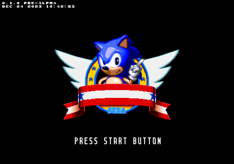 Title Screen with Sonic, build date information and a "PRESS START BUTTON" text