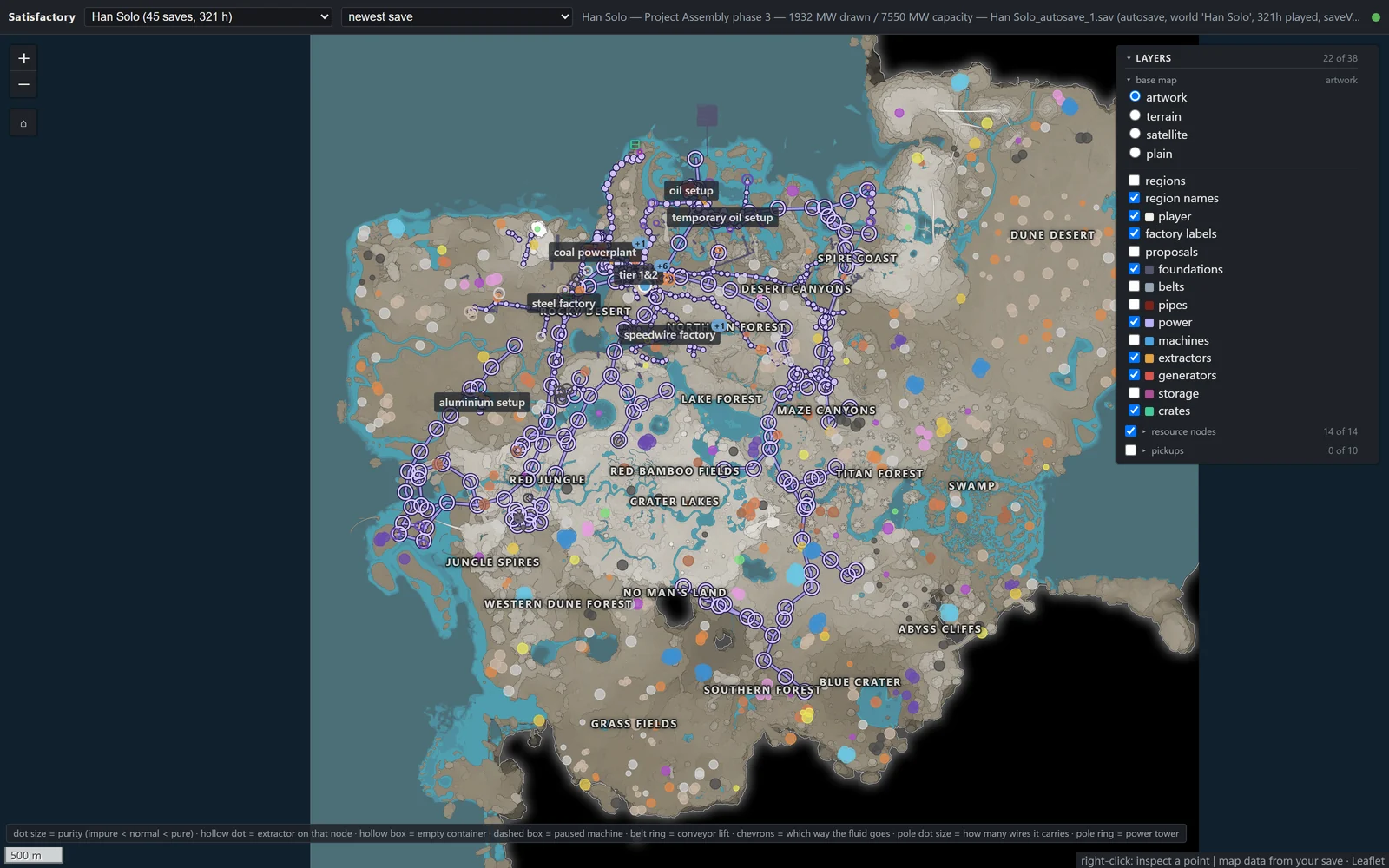 The world map: factories, power wiring, resource nodes and region names over the game's own artwork