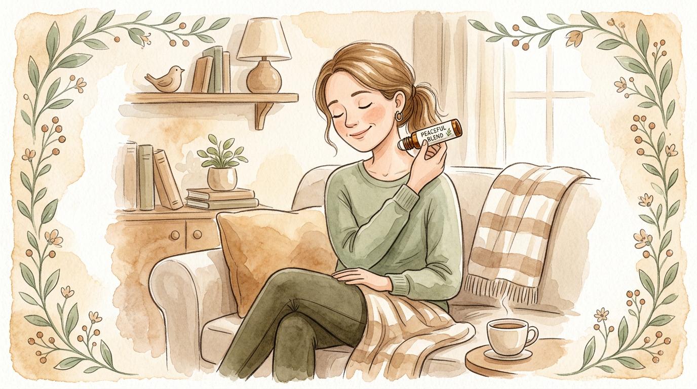 Watercolor illustration of a woman applying a roll-on for headache relief