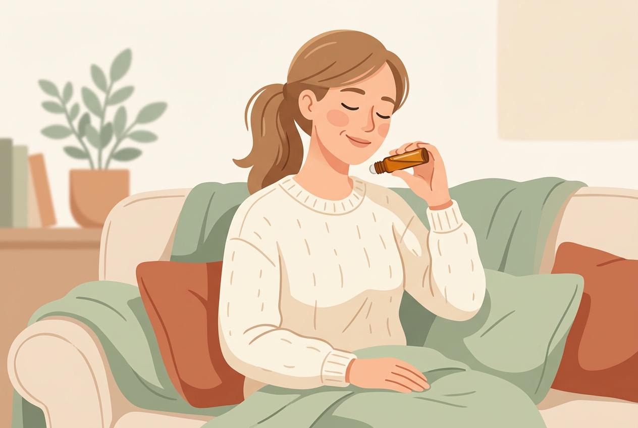 Illustration of a woman relaxing on the sofa while applying a roll-on to the back of her neck