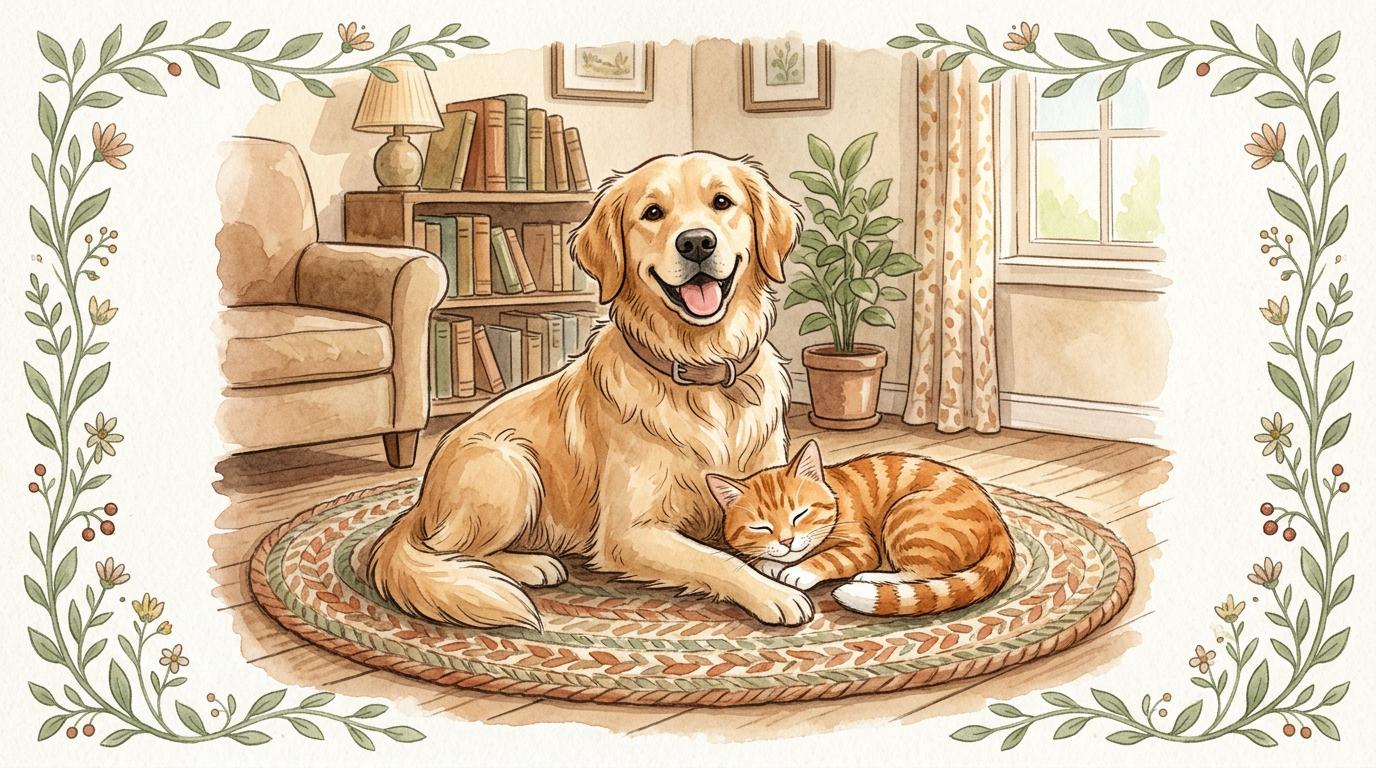 Watercolor illustration of a calm dog and cat, representing hemp wellness for pets