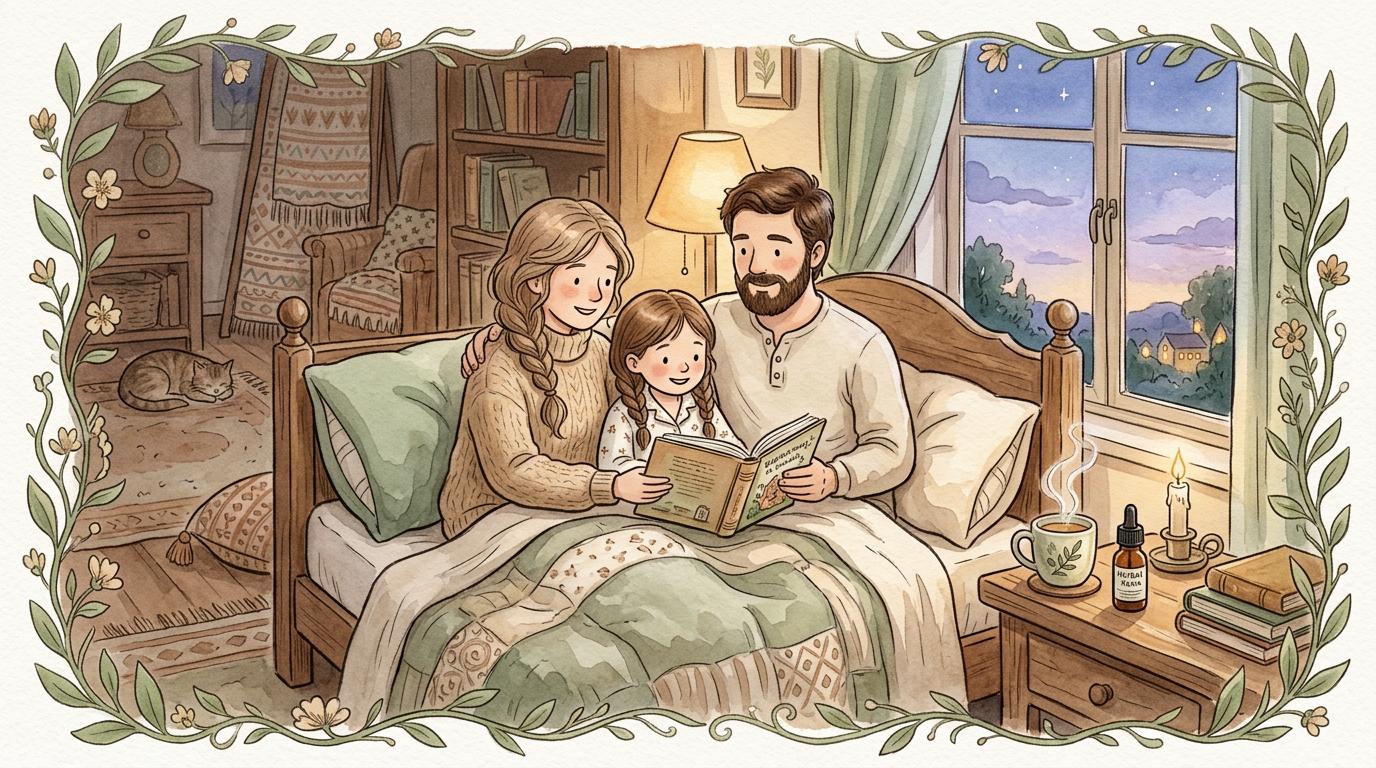 Watercolor illustration of a peaceful evening bedroom scene with herbal tea