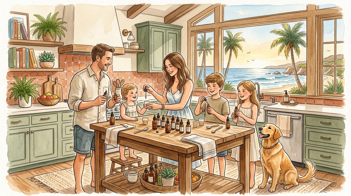 Illustration of a family using nano-hemp products in their daily wellness routine