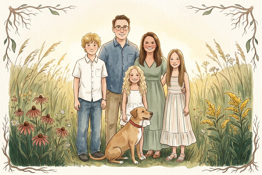 The Wild Roots Hemp founder family illustration - husband, wife, three kids, and their dog