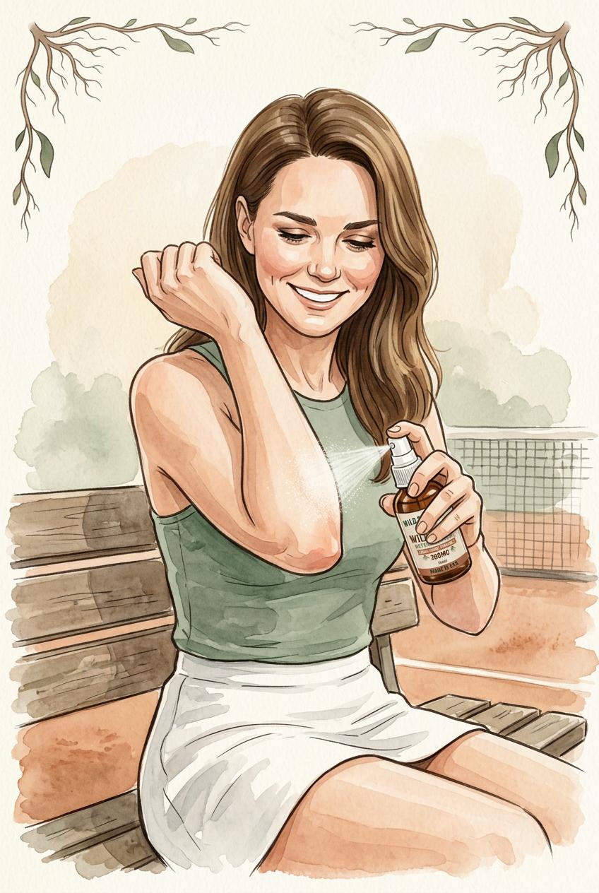Lucy spraying Wild Relief directly on her elbow
