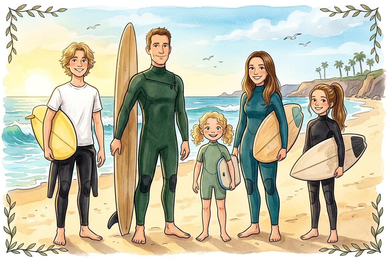 Cartoon illustration of Nick, Lucy, and their kids in wetsuits with surfboards on a California beach