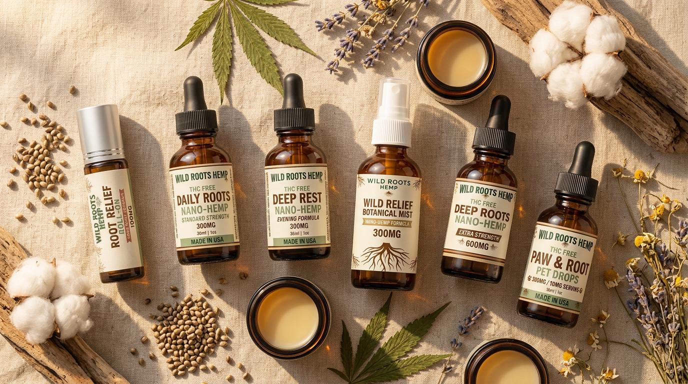 Wild Roots Hemp amber glass product bottles showing premium packaging