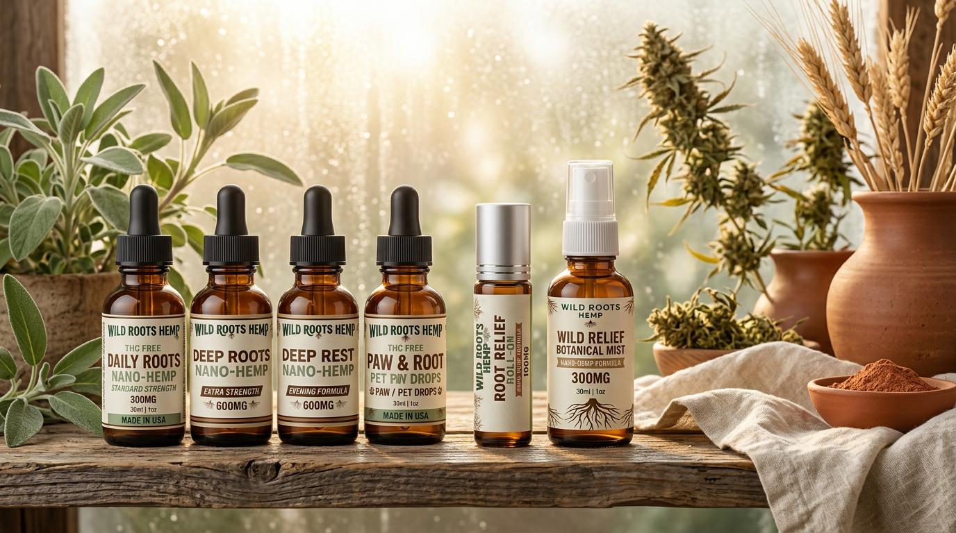 Wild Roots Hemp amber glass bottles showing premium protective packaging