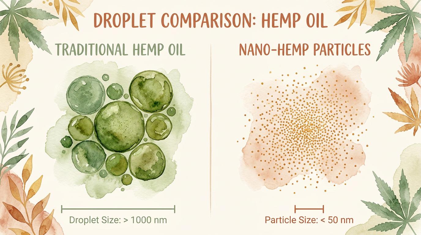 Scientific visualization comparing traditional hemp particles to nano-sized hemp particles