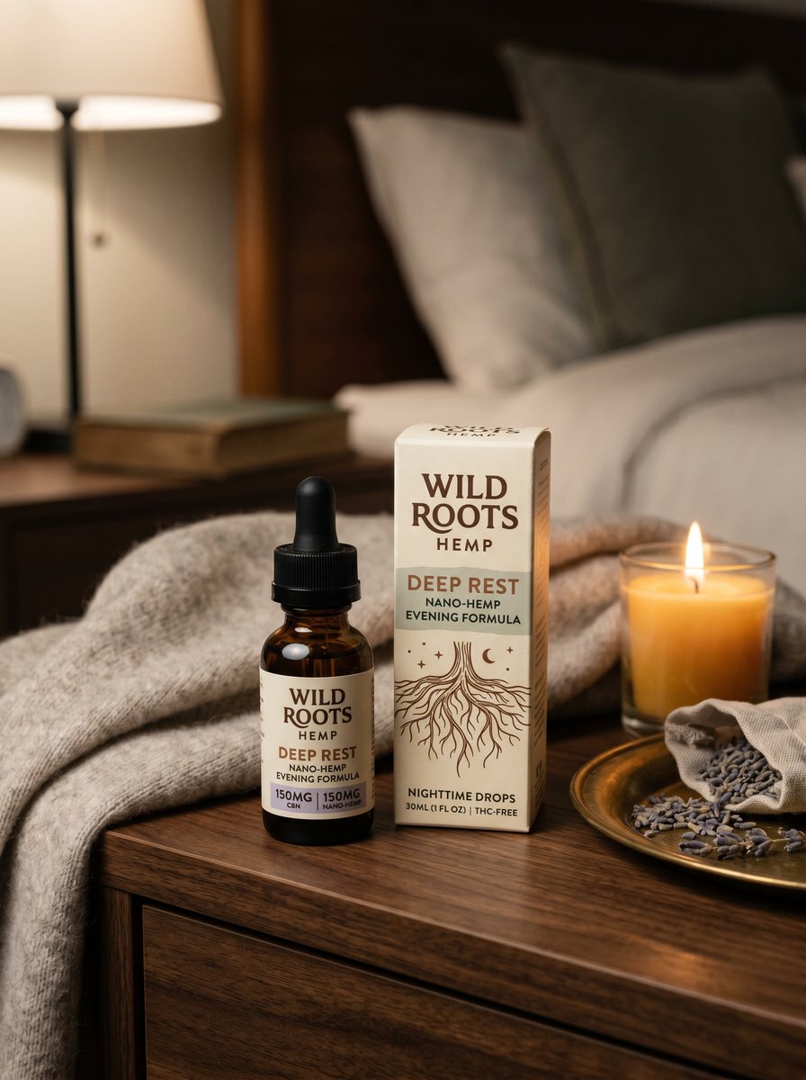 Deep Rest Evening Formula lifestyle mockup with amber glass bottle