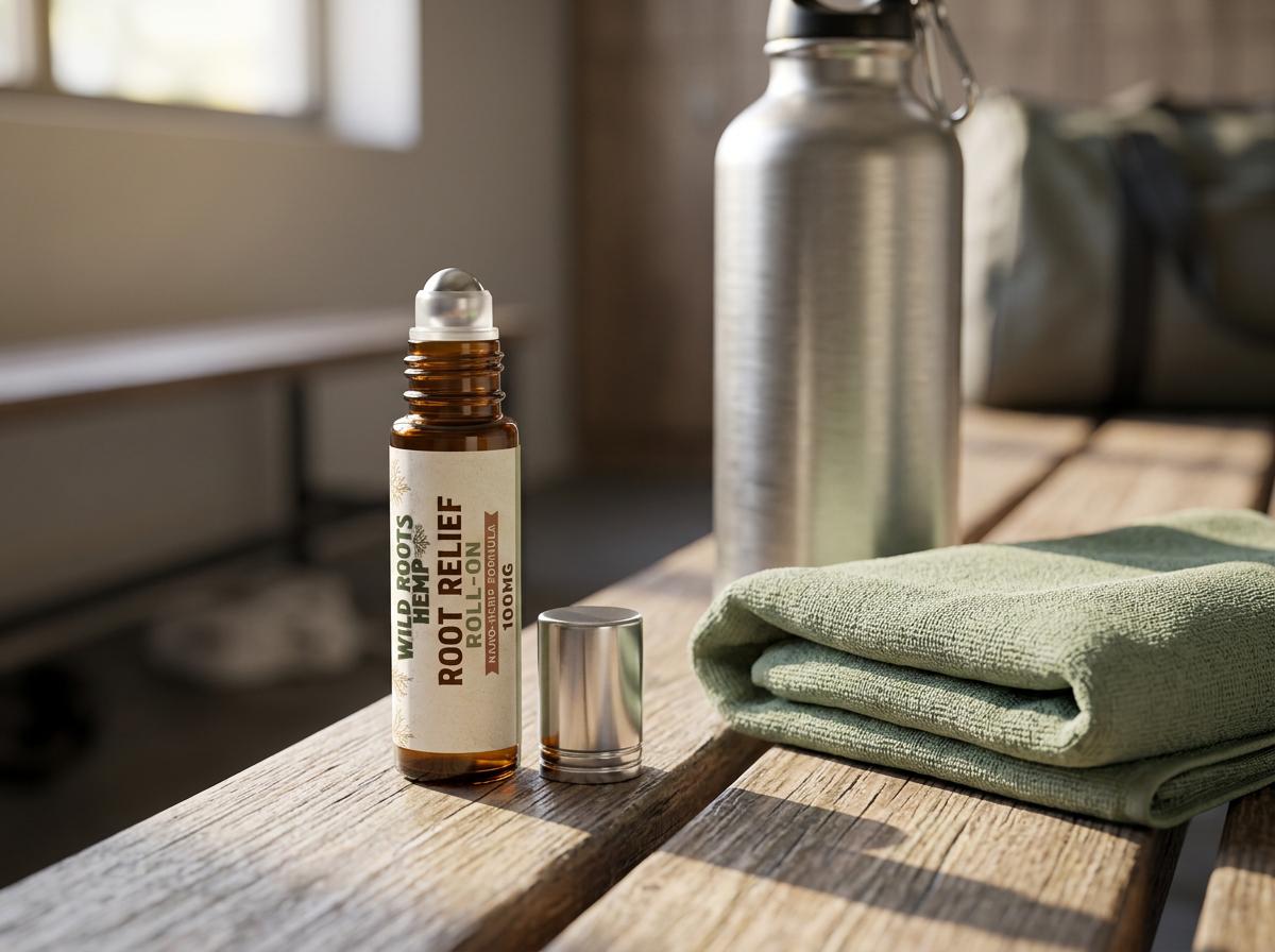 Root Relief Roll-On at gym with roller ball showing