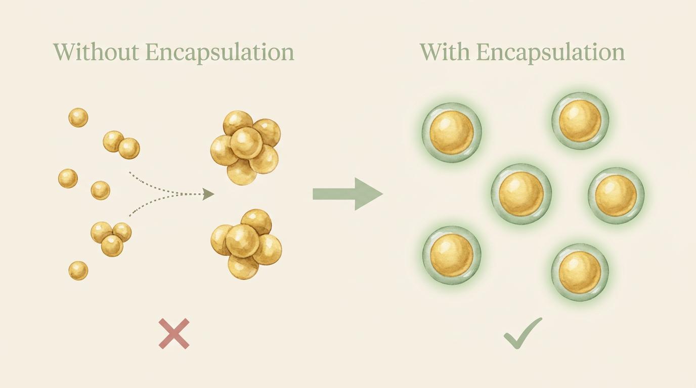 Without encapsulation, nano-particles reassemble into large clusters. With encapsulation, each particle stays coated and stable at nano-size.