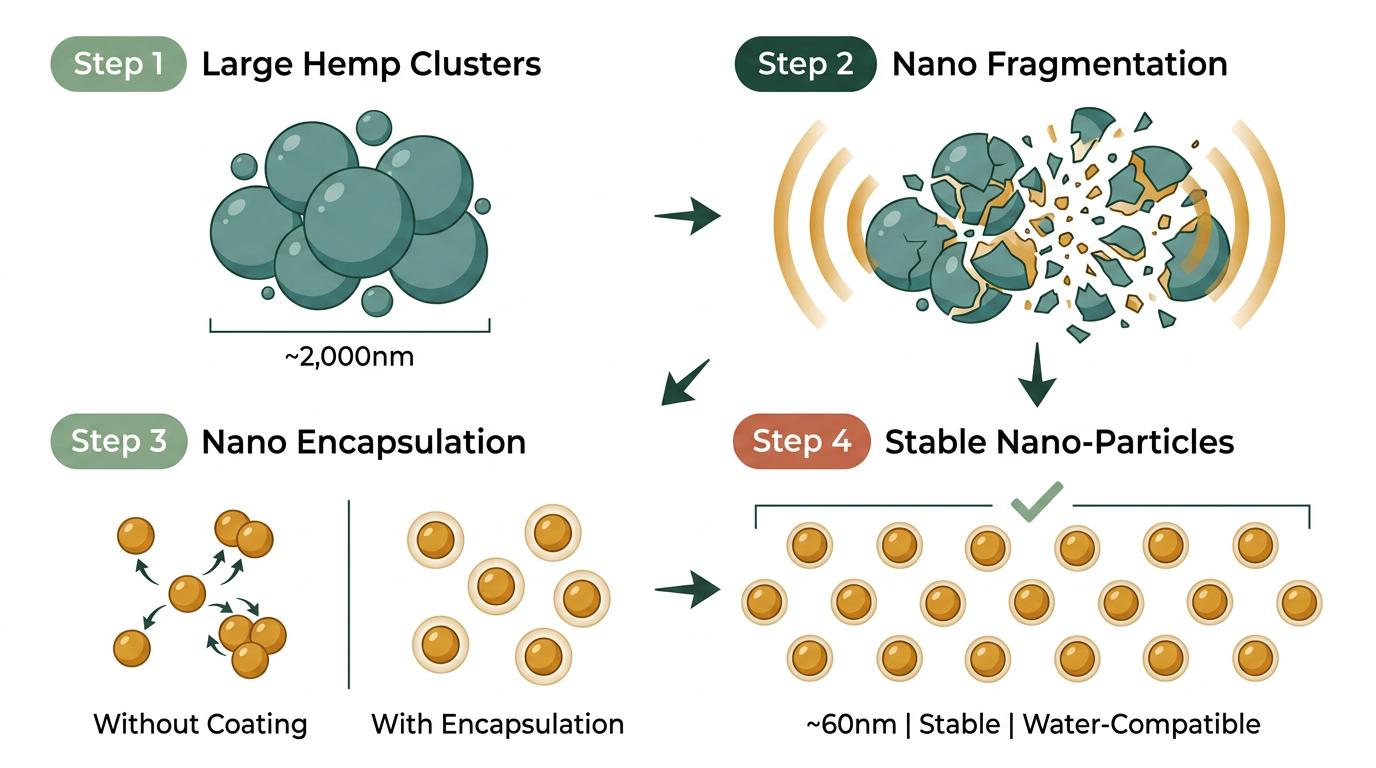 Four-step process: large hemp clusters are fragmented into nano-particles, then individually encapsulated to prevent reassembly, resulting in stable nano-particles
