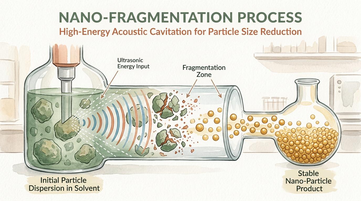 The nano-fragmentation process: initial particle dispersion in solvent, ultrasonic energy fragmentation, and stable nano-particle product formation