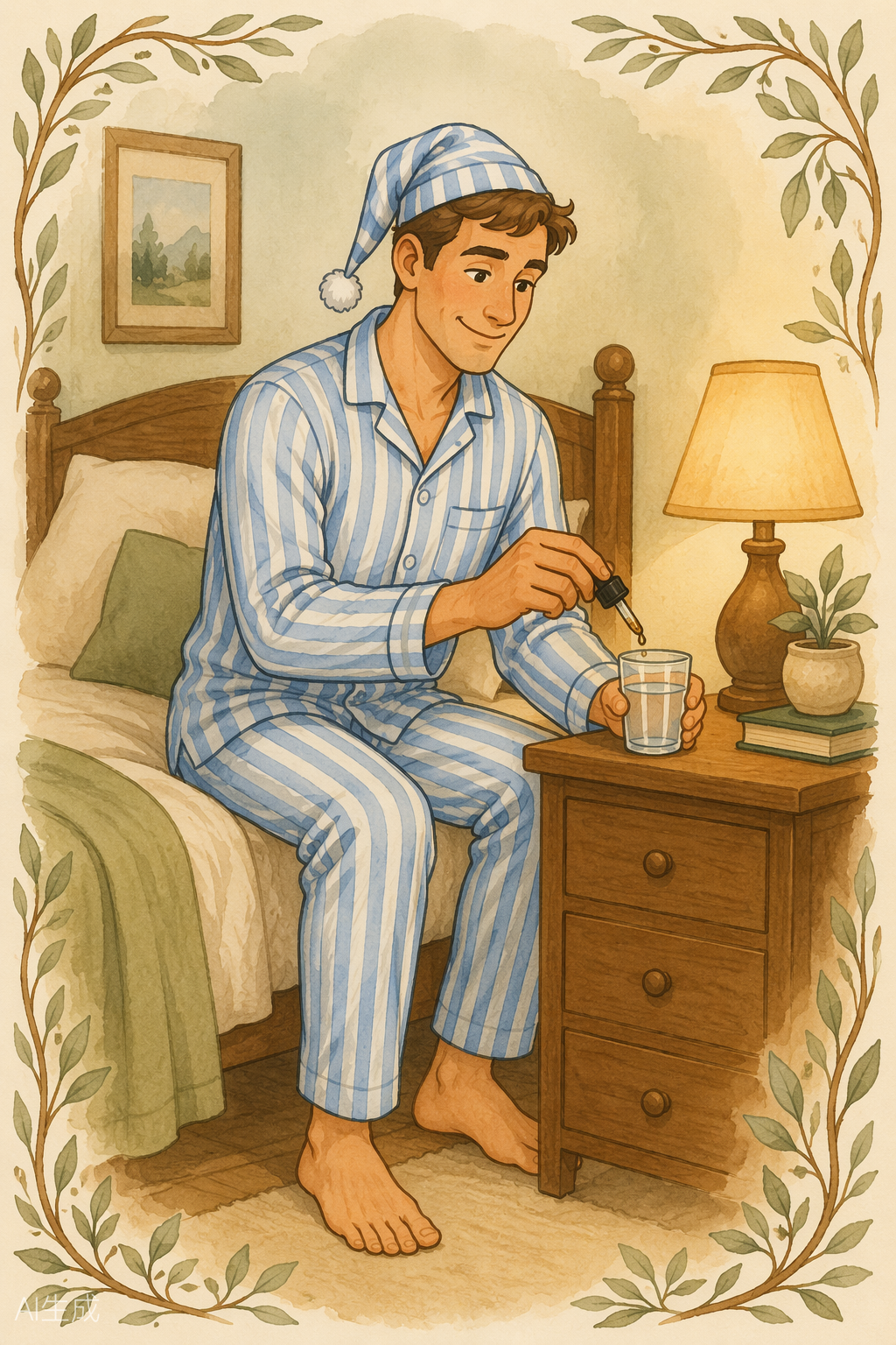 Nick in pajamas adding Deep Rest dropper to water before bed