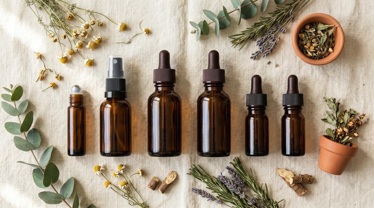 Wild Roots Hemp products in amber glass bottles