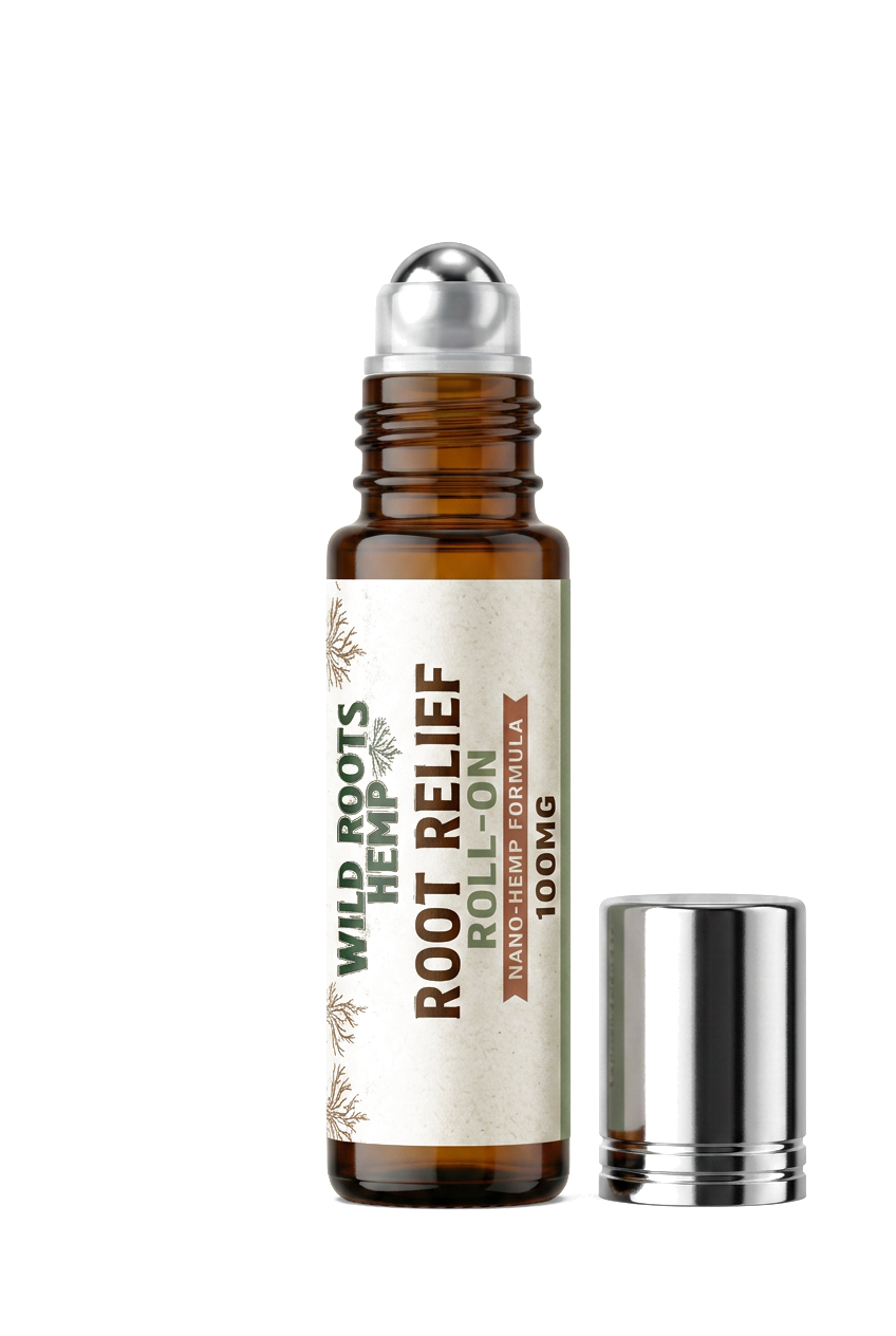 Root Relief Roll-On with cap off showing roller ball