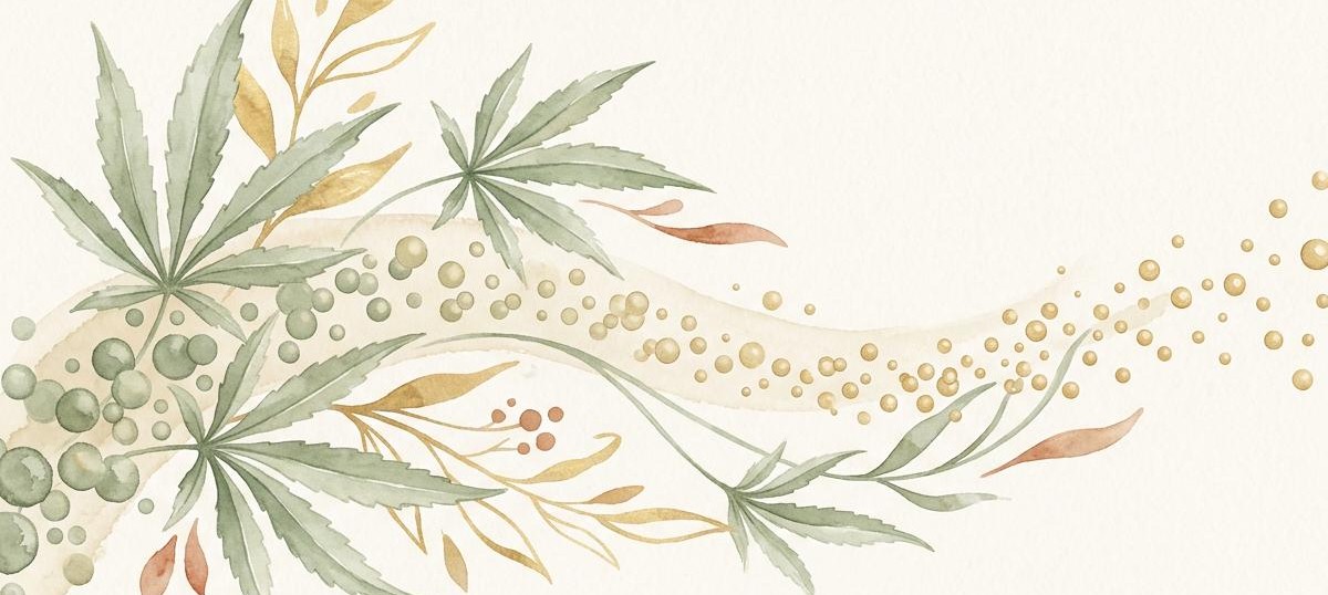 Elegant botanical illustration showing hemp leaves with nano-particles flowing from large to nano-size