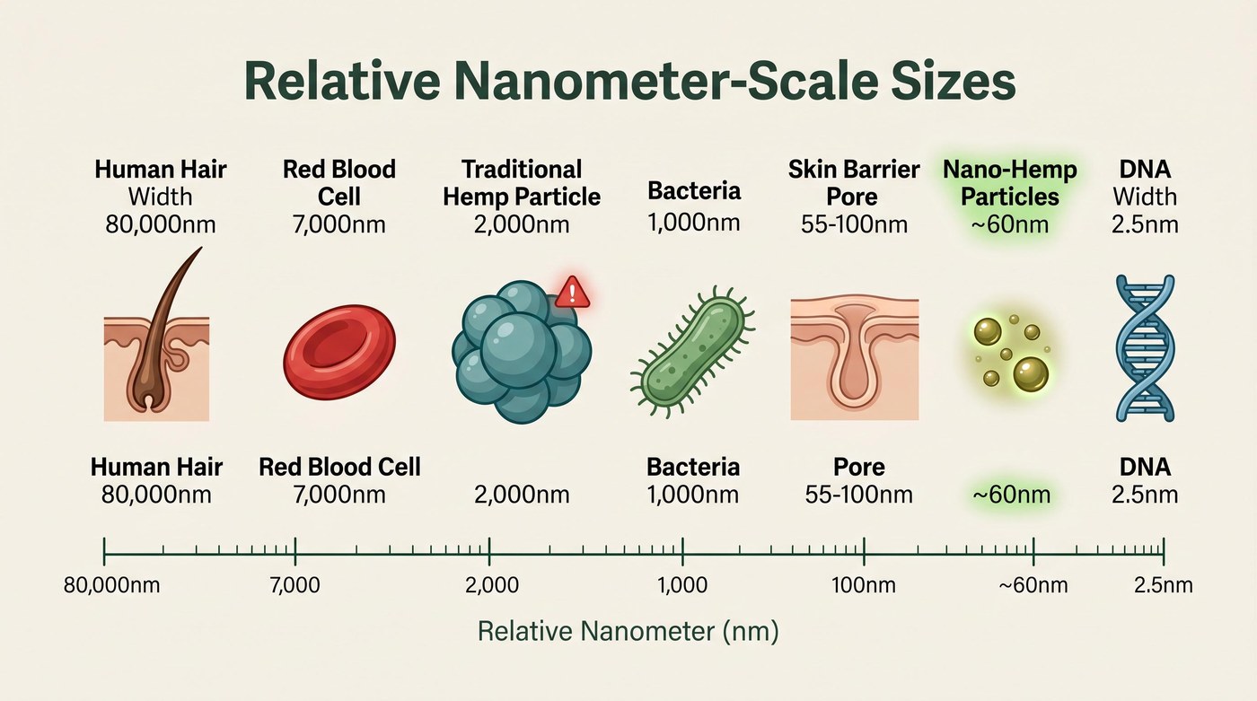 Nanometer scale showing nano-hemp particles relative to human hair and skin pores
