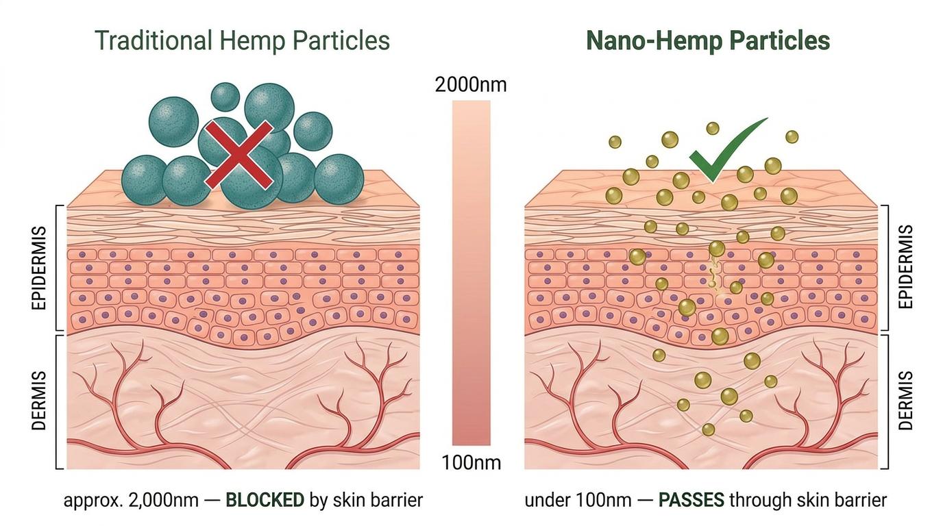 Traditional hemp particles blocked by skin barrier versus nano-hemp particles that pass through