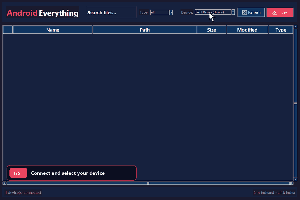 Android Everything demo: connect a demo device, index files, search for photo, filter to JPG, and open Pull to PC