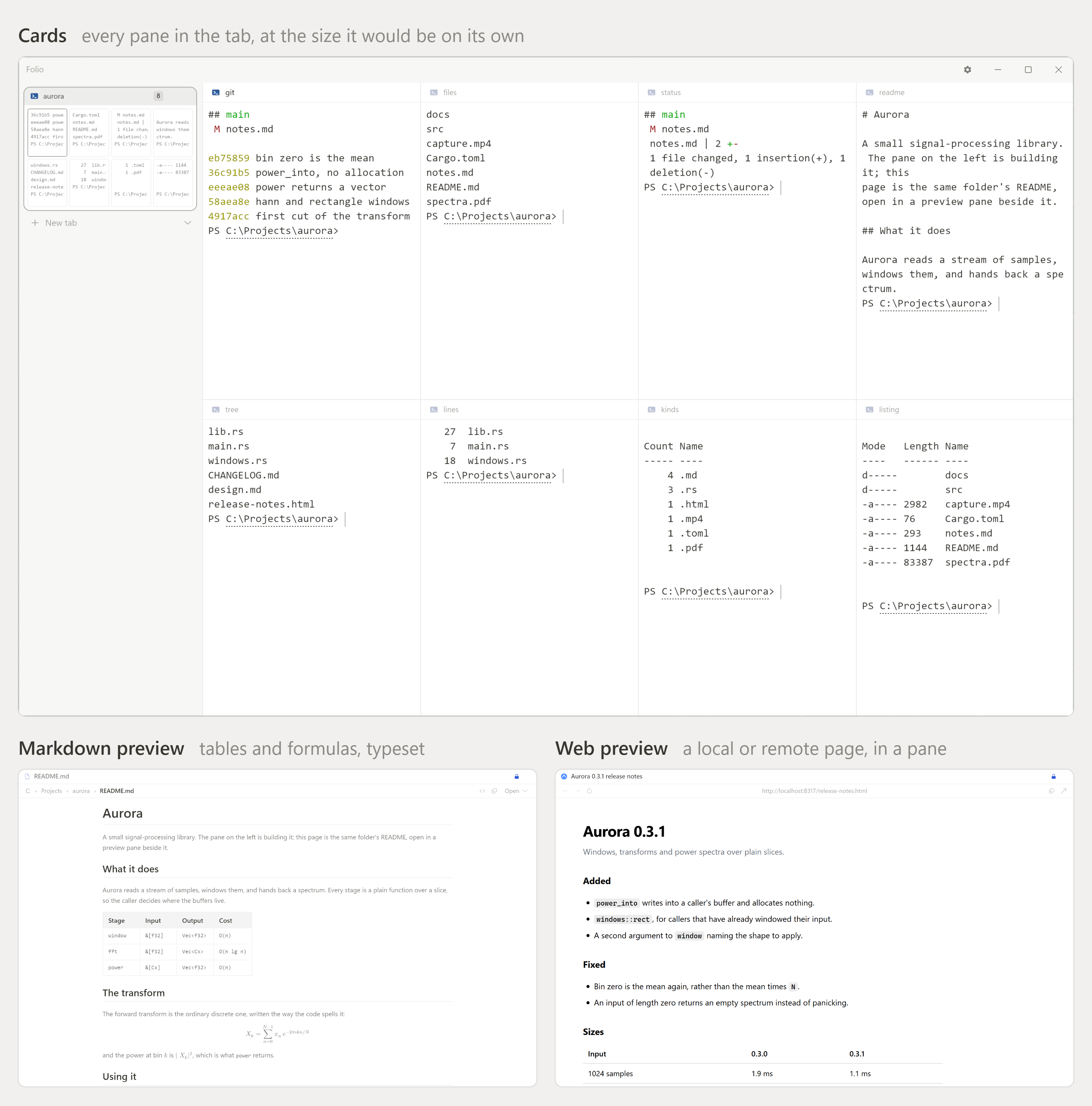 Three more surfaces: a window laid out as cards, a markdown document
       typeset in a preview pane, and a web page in a preview pane with a
       breadcrumb address field above it.