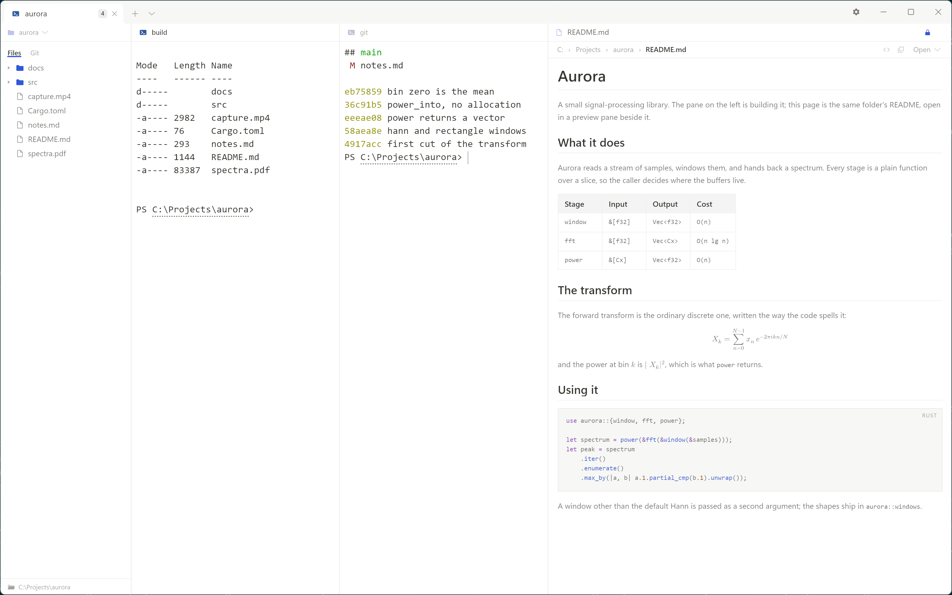 The window in its default font and default scheme: a files column on
       the left, two terminal panes side by side, and a markdown document open in
       a preview pane on the right.