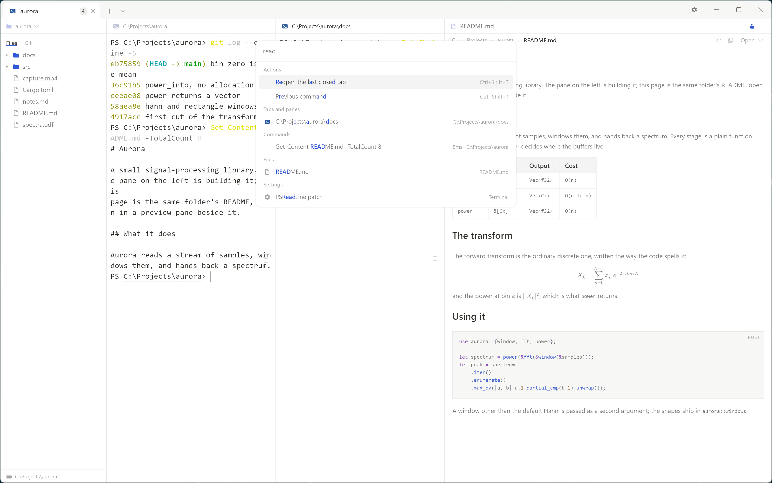 A box floating over the top of the window, a query typed into its
       field and its results under five headings that do not mix: an action, a
       pane, a command the window has run, a file, and a setting. The first row
       is highlighted, and the letters that matched are marked in each row.