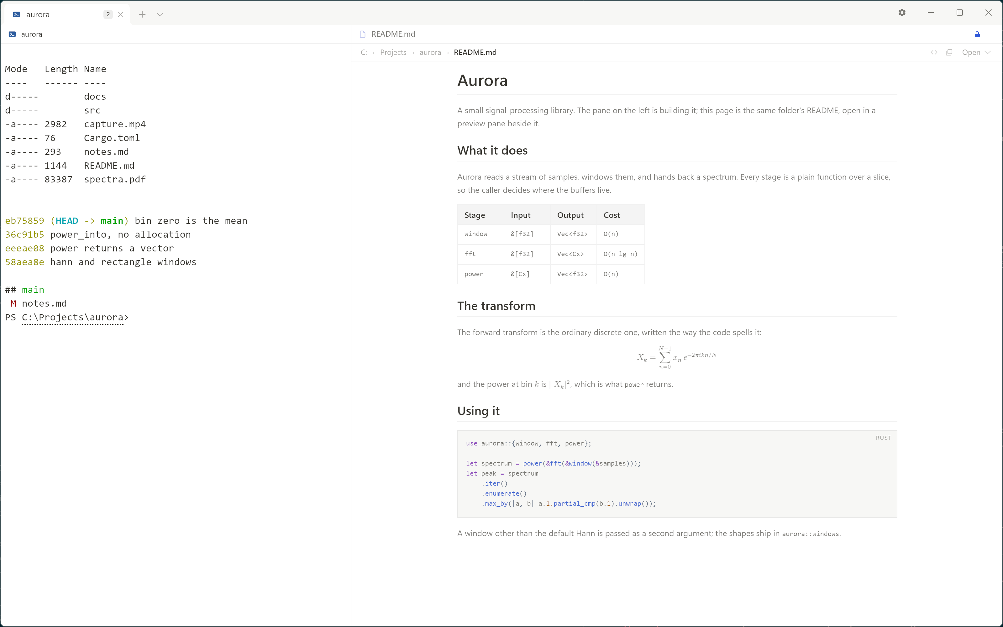 A markdown document typeset in a preview pane beside a terminal: a
       heading, a table, a code block and a display formula, readable at once.