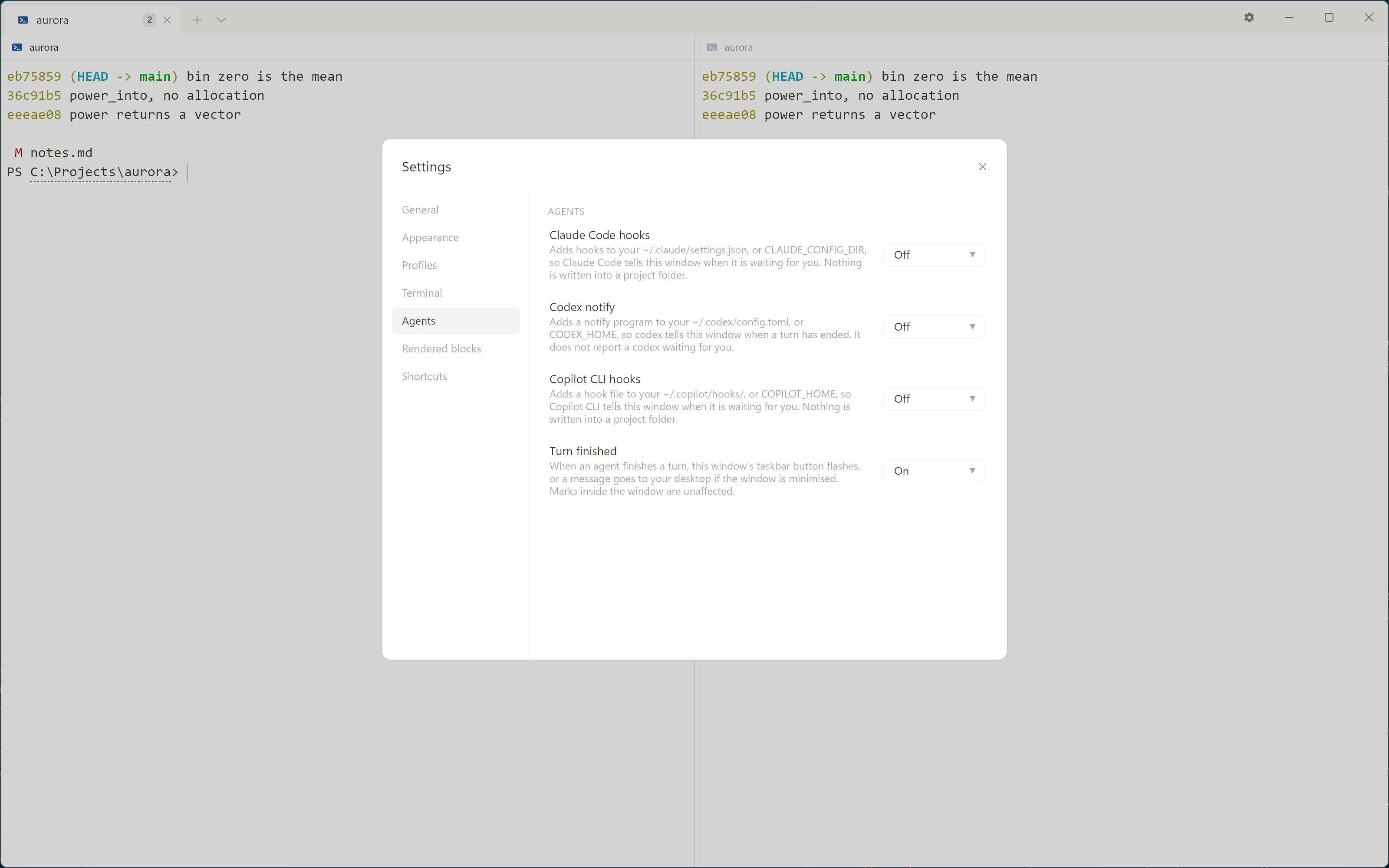 The Agent page in Settings: a row each for Claude Code, Codex and
       GitHub Copilot CLI, each saying which file its switch writes to, all
       three off, and a fourth row for the end of a turn.