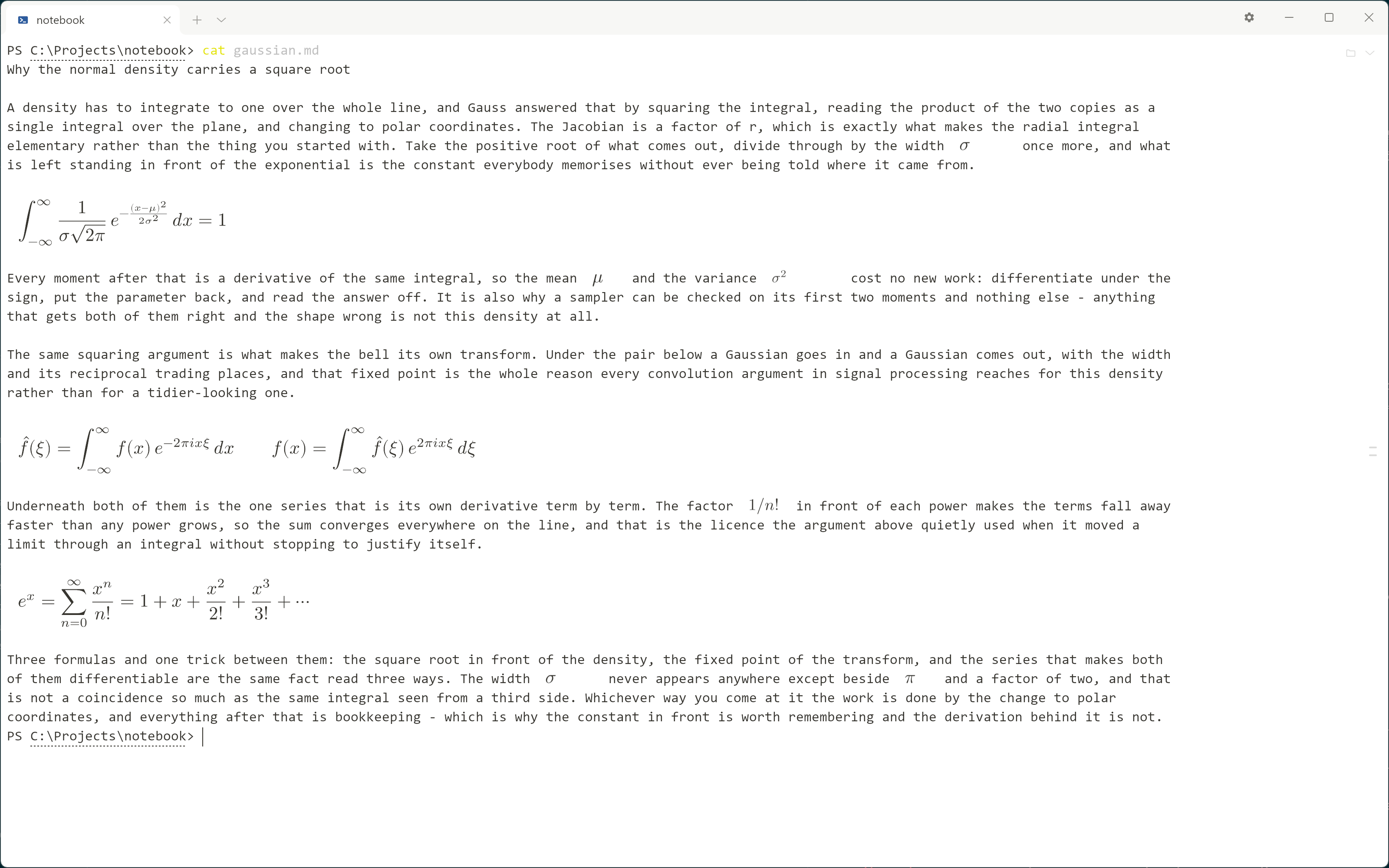 One terminal pane, the output of a single command typeset where it
       was printed: prose carrying inline formulas, and three display ones.