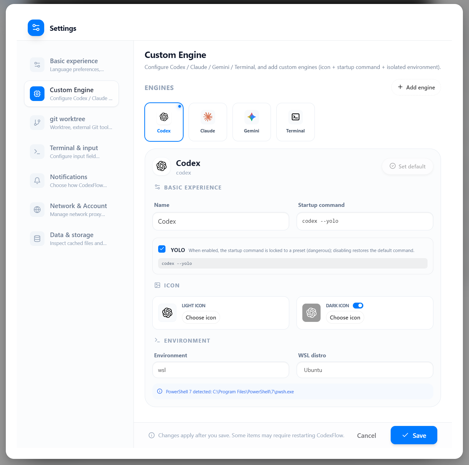 Settings and Engines
