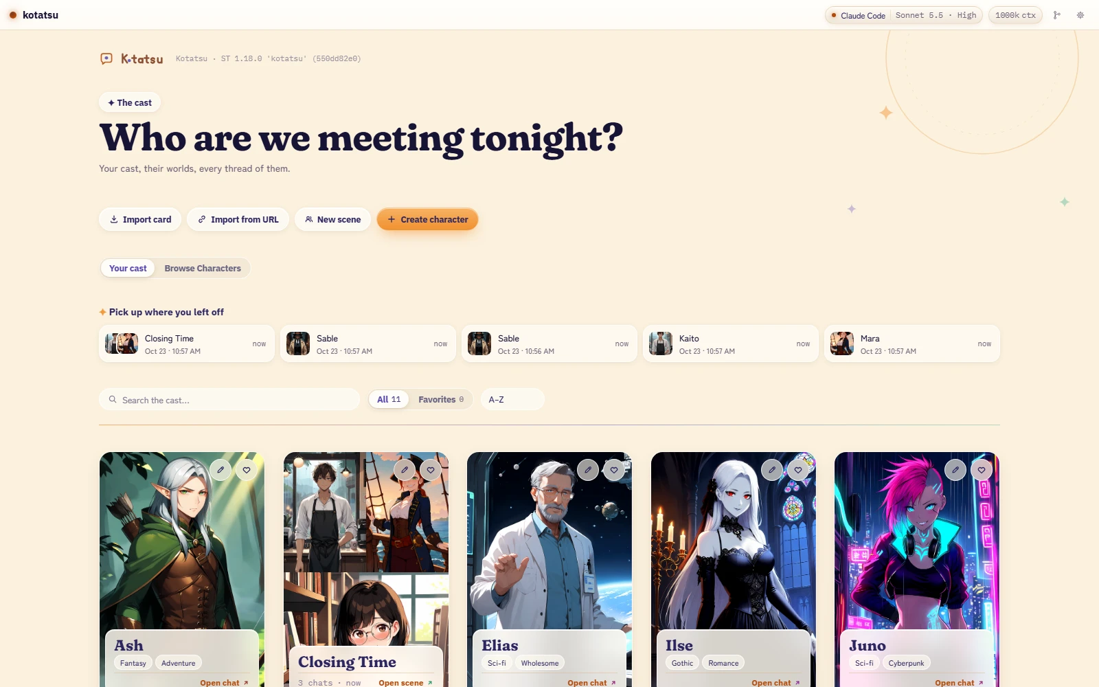 The cast library: character posters under the heading "Who are we meeting tonight?"