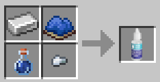 A crafting grid with an iron ingot, blue dye, water bottle, and iron nugget