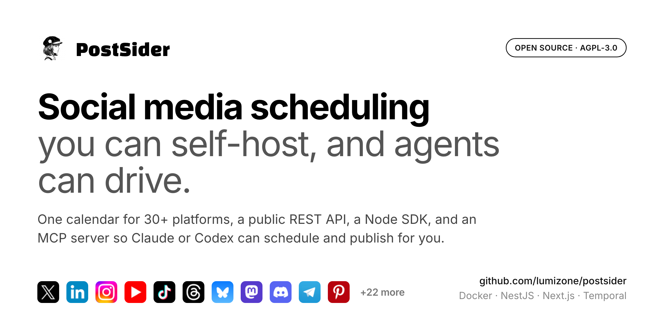 PostSider — social media scheduling you can self-host, and agents can drive