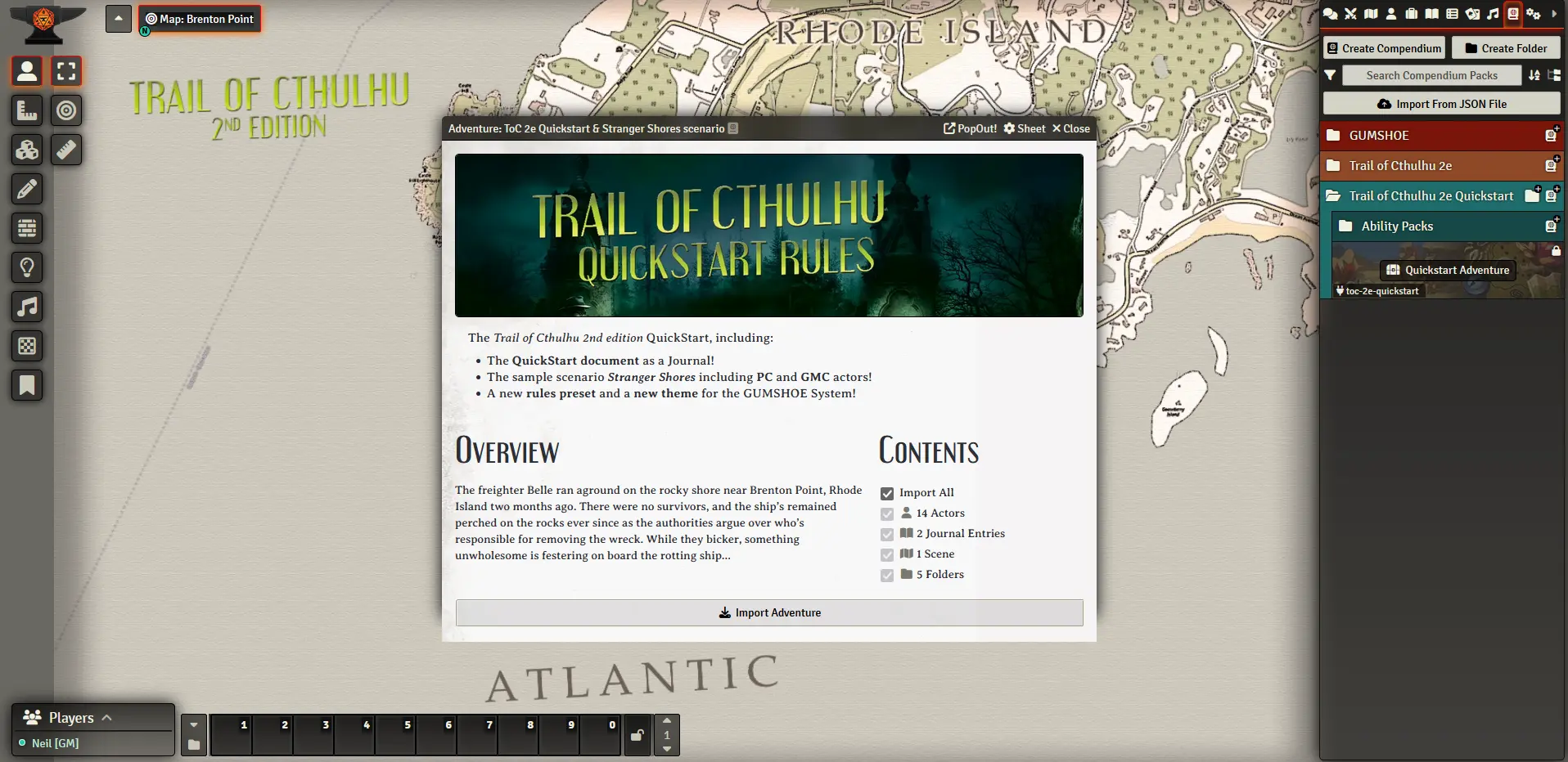 Screenshot of the Trail of Cthulhu 2e adventure importer