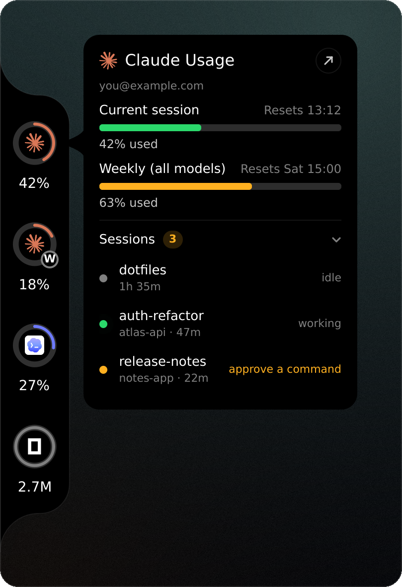 The hover card with three open sessions: one working, one idle, one waiting for a command to be approved