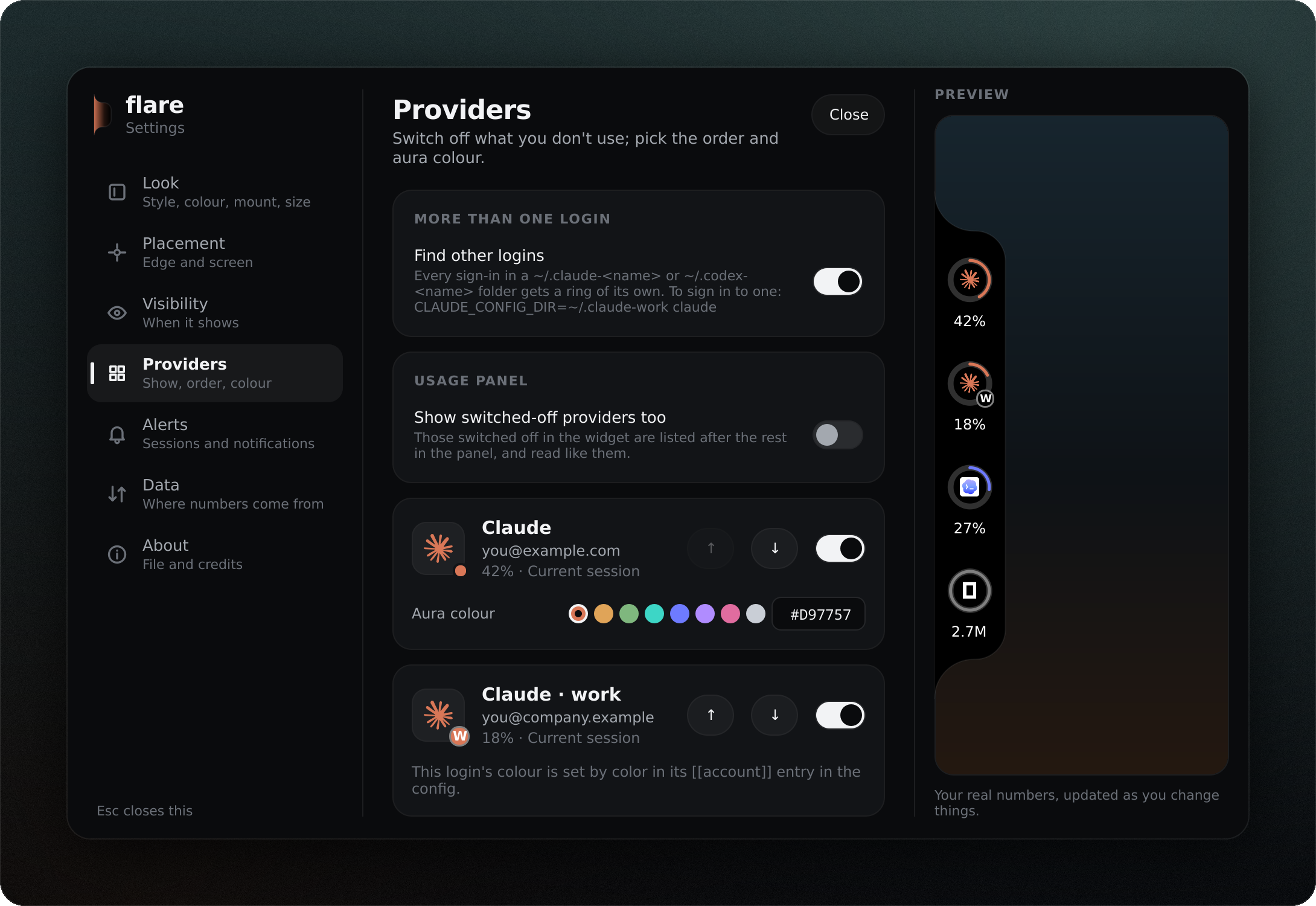 The settings page on its Providers section, with a card for each login and a live preview of the notch