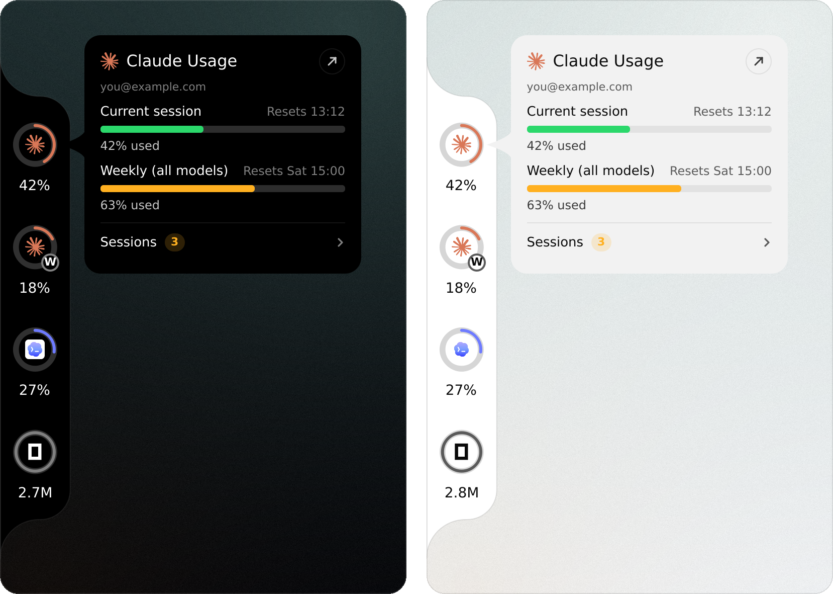 The notch on the left edge with Claude's hover card open, in the black theme and in the white theme