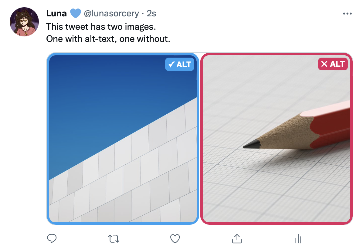 Screenshot showing a tweet with two images. One has a blue border and a blue icon in the corner saying '✓ ALT', the other has a red border and a red icon in the corner saying '✕ ALT'.