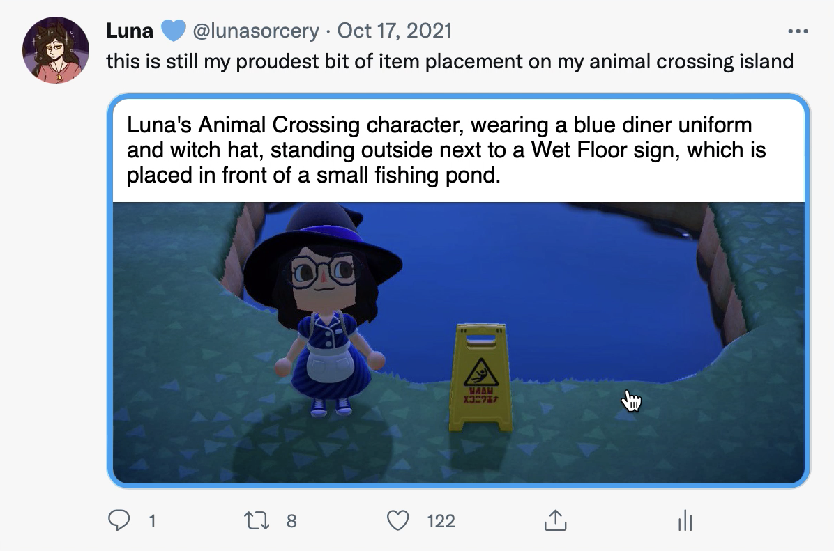 Screenshot showing a tweet with one image. The mouse cursor is hovering over the image, and the alt-text for the image is displayed in an overlay.