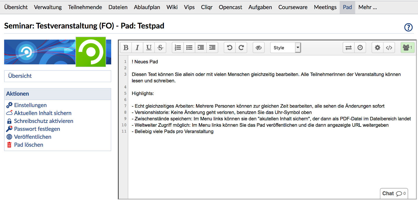 Stud.IP Etherpad in einer Veranstaltung