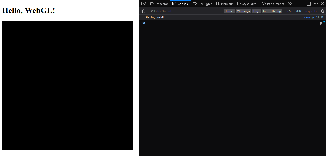 A basic WebGL canvas with the browser bash displaying "Hello, WebGL!"