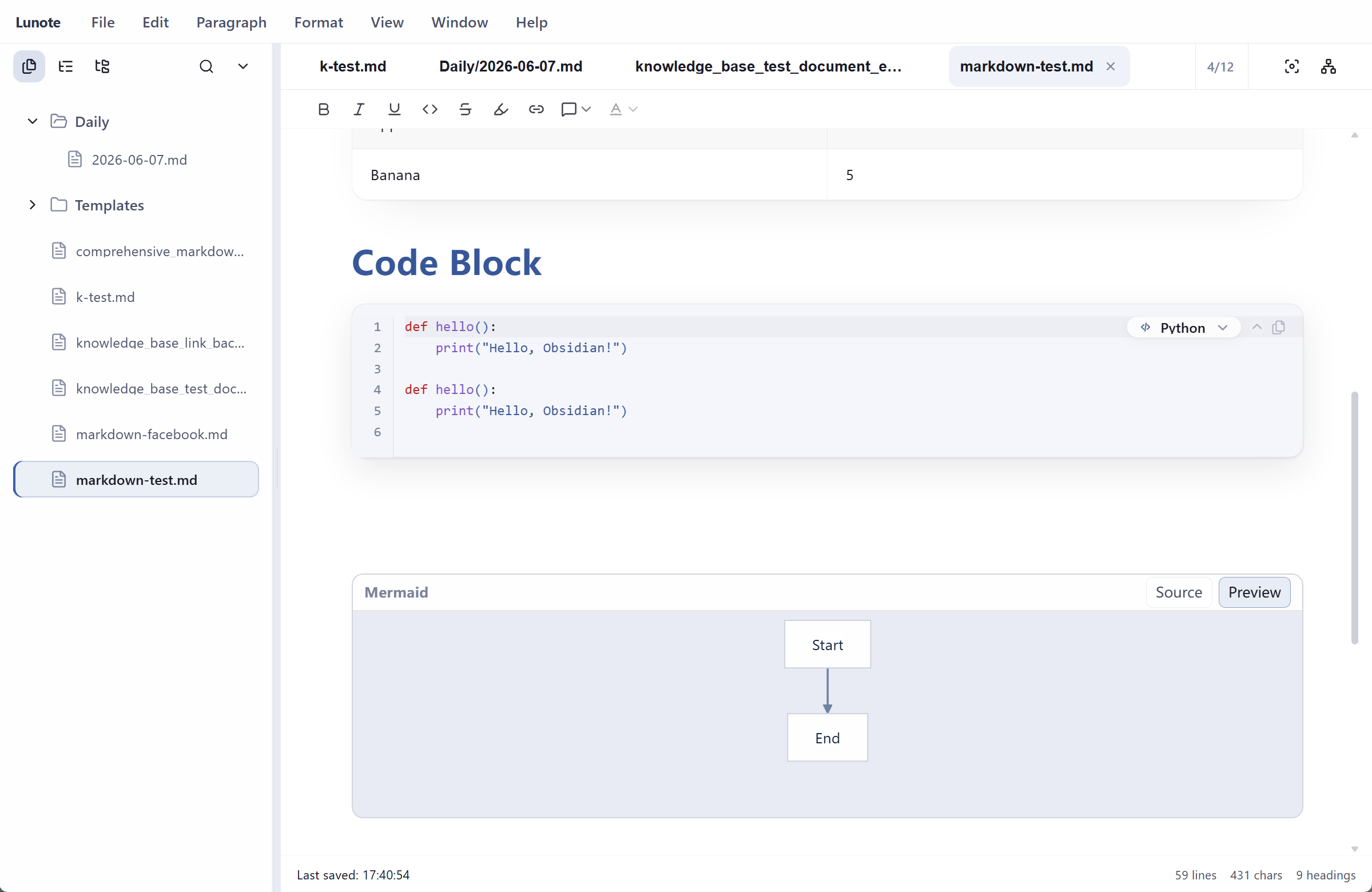 Lunote visual editor with code blocks, Mermaid diagrams, and formatted Markdown