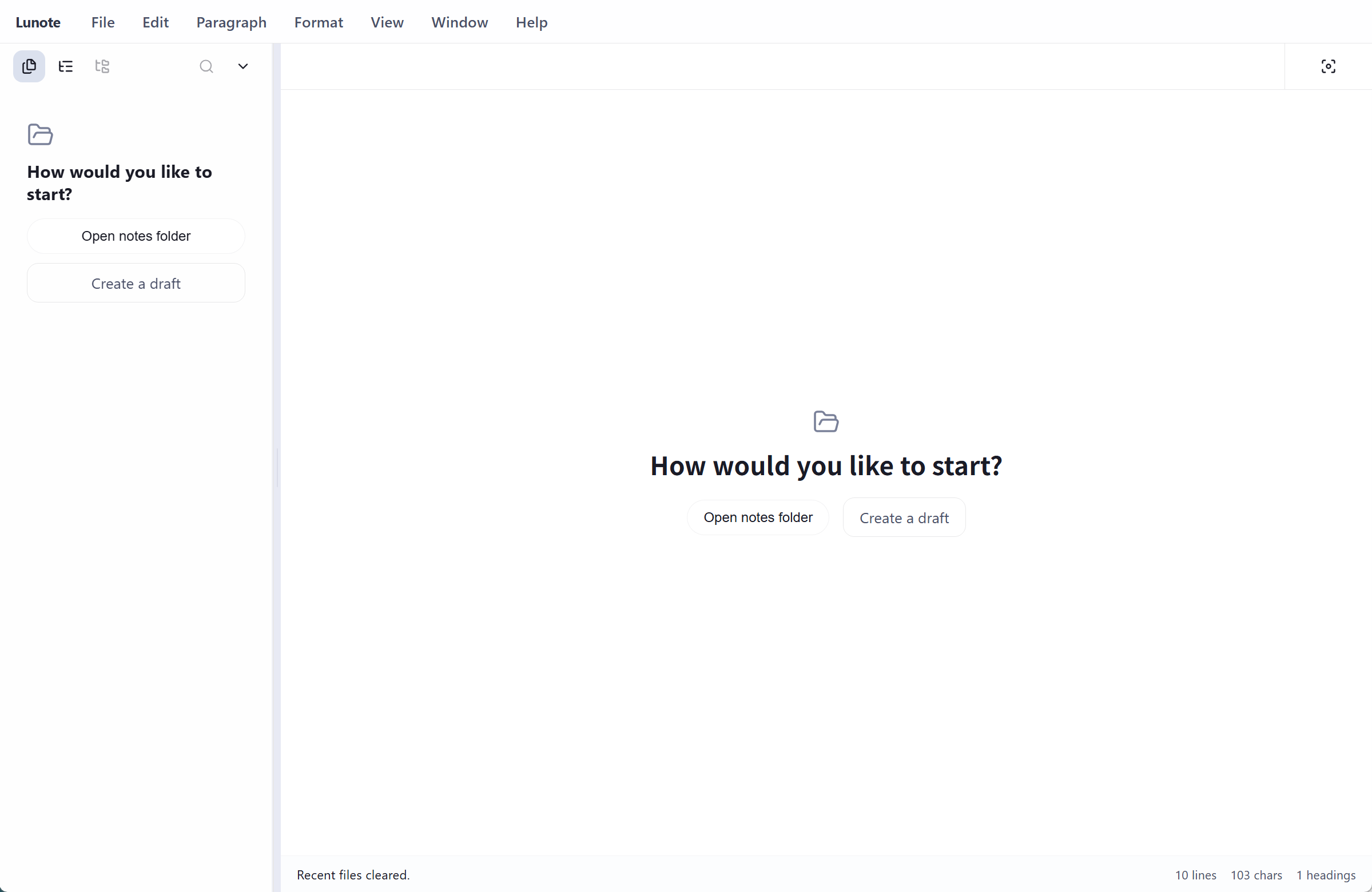Lunote welcome screen — open a notes folder or create a draft