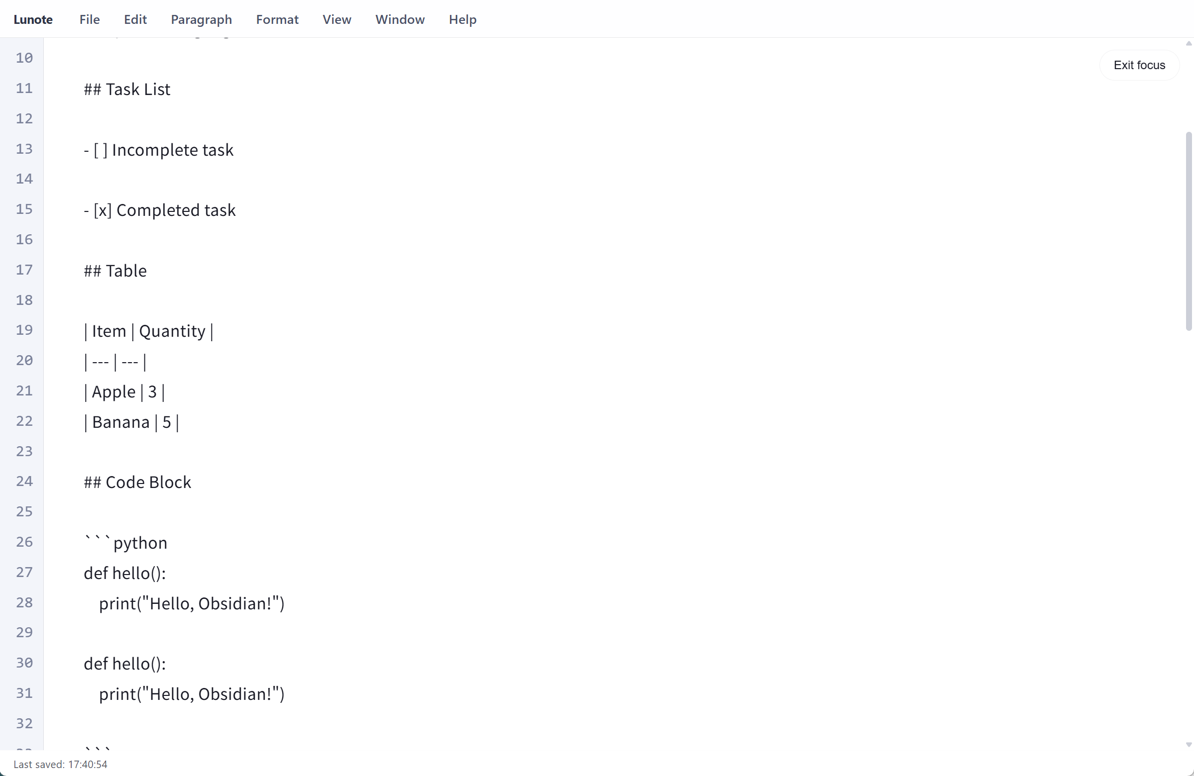 Lunote source view showing raw Markdown in focus mode